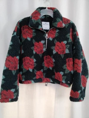 Hollister Floral Red Rose Teddy Sherpa Jacket. Long Sleeve With Cinch Waist. Med - Image 1 of 2