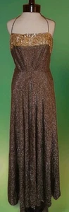 Vintage 70s Adde Calif Halter Maxi Dress Gold Sequin Metallic Lame Hippy Boho - Picture 1 of 12