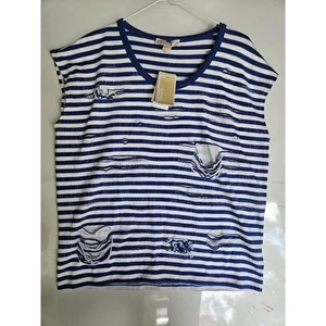 Michael Kors Shirt Womens XL Urban Blue White Striped Distressed Tee Top NWT - Picture 1 of 6