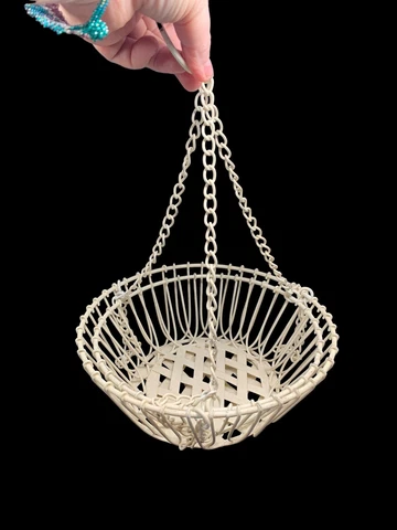 Vintage French Coated Off White Wire Double Hanging Basket w/ Woven Bottom Cover