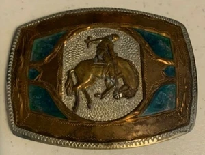 Hebilla de cinturón occidental vintage / WIL-AREN / HECHA A MANO / Bronco, vaquero, piedra con incrustación - Imagen 1 de 3