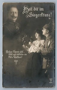 EMPERADOR ALEMÁN WILHEM II con soldado y esposa de la Primera Guerra Mundial postal foto real antigua rppc - Imagen 1 de 2