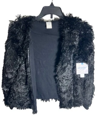 Girls Arizona Jean Co Black Faux Fur Open Front Jacket Size S, 7-8 NWT $27 Shiny - Image 1 of 4