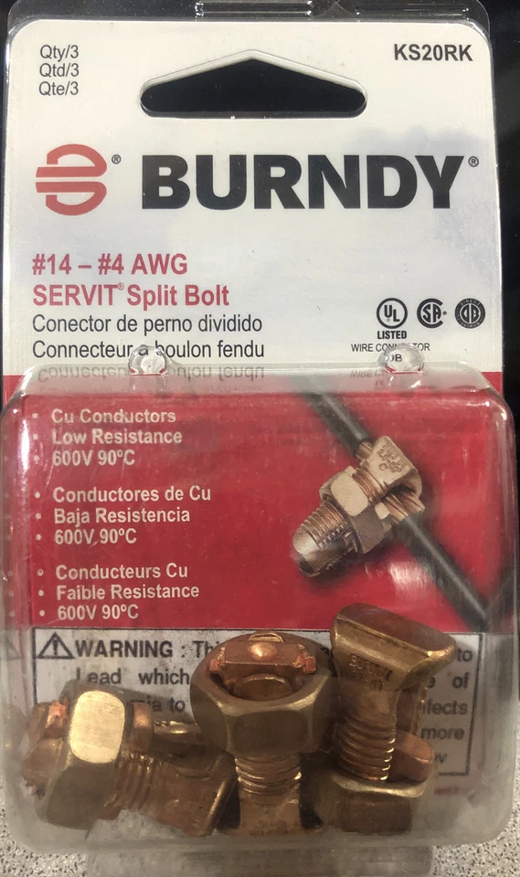 (3 Pack) Burndy KS20RK Servit Split Bolt Connectors #14 - #4 AWG - Image 1 of 1