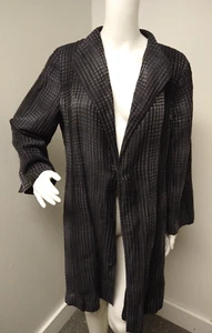 Womens Eileen Fisher Black Plaid Open Duster Jacket Large Preppy Goth Lagenlook - Picture 1 of 12