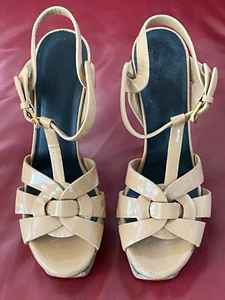 $1150 SAINT LAURENT Tribute woven patent-leather platform sandals | Neutral 37.5 - Picture 1 of 16