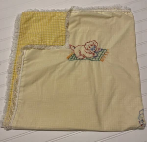 Vintage Baby Quilt Crib Blanket Hand Quilted Embroidered Dogs Puppies  40 X 39 - Picture 1 of 6