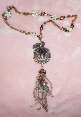 Very Unique Silver Tone Pumpkin Jack-O-Lantern Necklace White Enamel Flowers  - Image 1 of 4