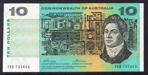 AUSTRALIAN PAPER BANKNOTE 1972 $10 PHILLIPS / WHEELER LAST PREFIX TBB VF - Bild 1 von 2