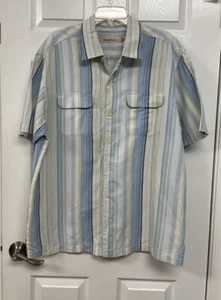 Tommy Bahama Shirt Mens XL White Blue Striped Linen Cotton Camp Shirt - Picture 1 of 6