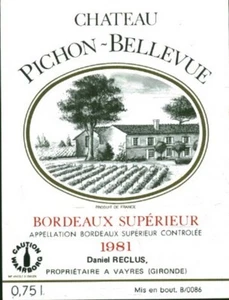 Weinetikett Château Pichon-Bellevue Bordeaux Supérieur 1981 - Bild 1 von 1