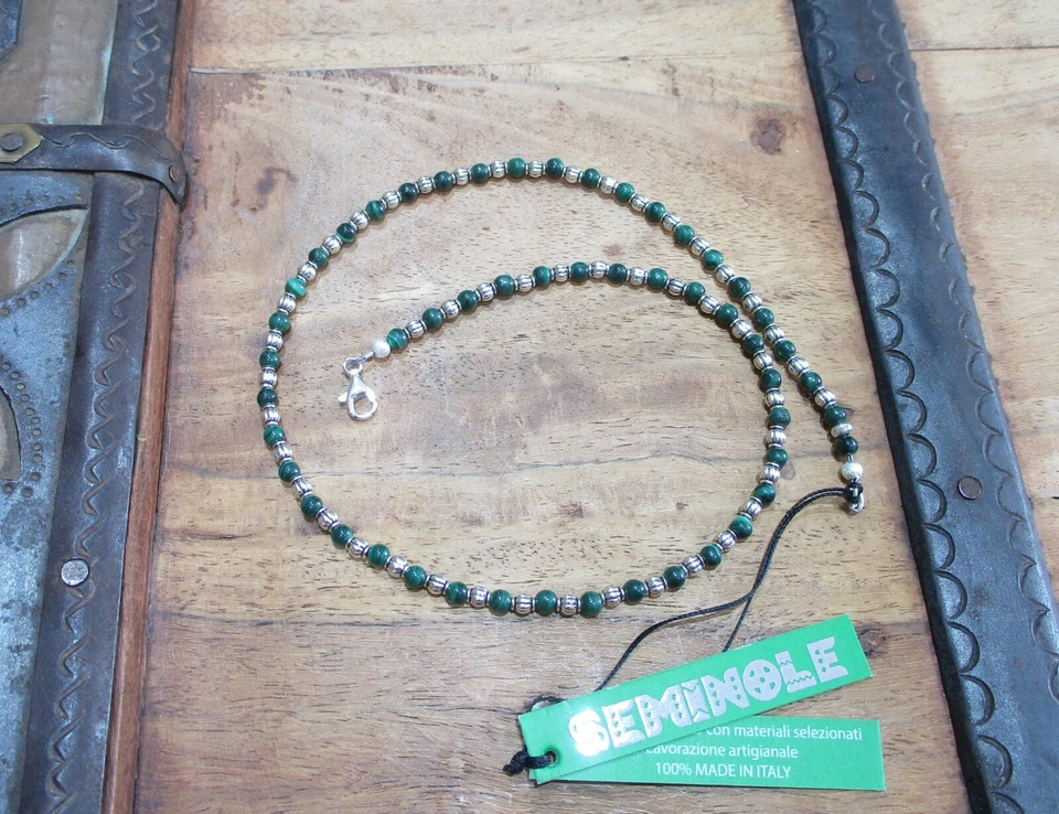 collana pietra dura malachite verde argento sterling 925 Seminole - Immagine 1 di 4
