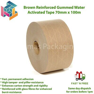 Brown Reinforced Gummed Water Activated Tape 70mm X 100m Tamper Evident Strong • 14.95£