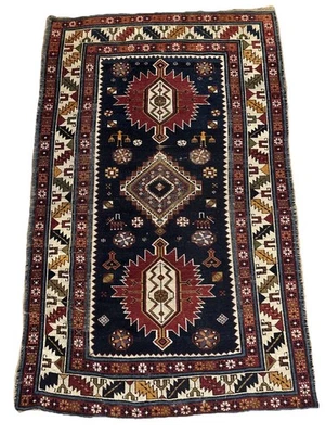 Alfombra Shirvan antigua 4 X 6 inusual caucásica azul marino marfil carmesí beige oliva Foto 1 de 4