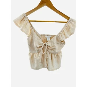 Urban Romantics XS Cream Tie Front Ruffle Sleeve Eyelet Peplum Top - Picture 1 of 8