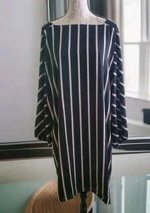 Loft Black Stripe Shift Dress Women L Lined NEW $89.50 Semi Sheer Relaxed Sleeve - Picture 1 of 17