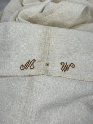 Sábana antigua costura central lino/algodón hecho en casa tejido de lujo firmado 1800s Foto 1 de 4