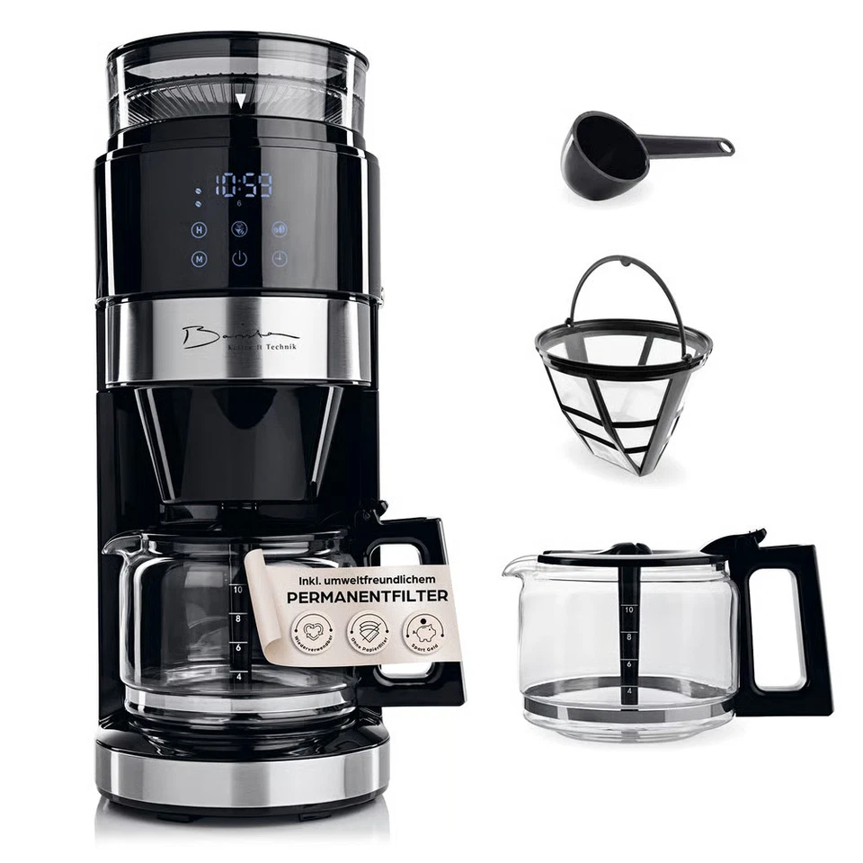 Barista Kaffeemaschine mit Mahlwerk 1,2L Glaskanne Timer Touchdisplay Filter