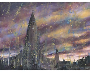 Hallgrimskirkja church downtown Reykjavik sunset.  Watercolor painting (print) - Picture 1 of 12