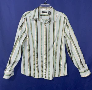 New York & Co XL Multi Green Striped Button Up Top Long Sleeve Tailored Stretch - Picture 1 of 11
