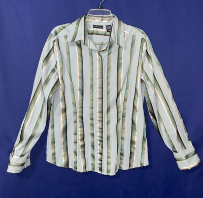 Top New York & Co XL Multi Verde Rayas Abotonadas Manga Larga Elastizado a Medida Foto 1 de 4