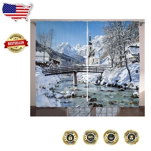 Stylish Satin Winter Curtains with Scenic Bavaria Print - 108" x 90" Two Panels - Picture 1 of 2