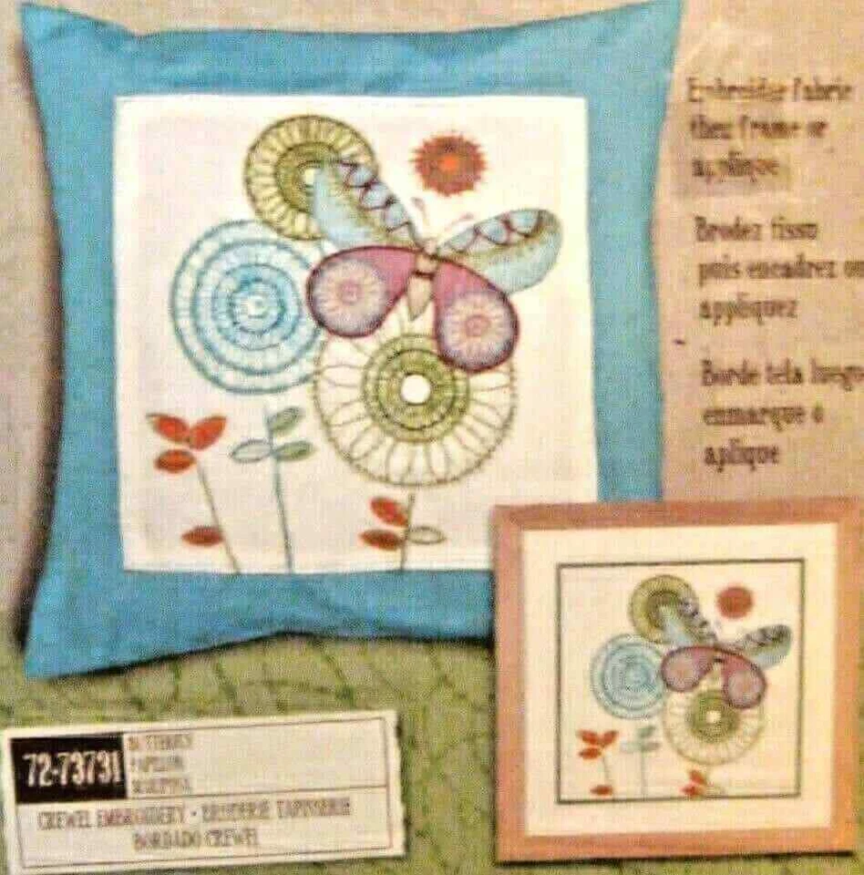 PRETTY BUTTERFLY ~ STAMPED CREWEL EMBROIDERY to SEW by DIMENSIONS - Image 1 of 1
