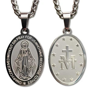 Our Lady of The Miraculous Medal Pendant 24" Necklace Polished Steel And Boxed - Picture 1 of 14