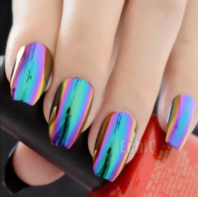 24 Medium Press on nails kit w glue blue chrome chameleon coffin oil slick purpl - Image 1 of 4