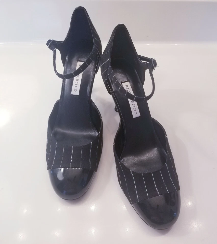 Lindos zapatos de tacón Ann Marino 8,5 correa para el tobillo tela punta redonda cerrada suela de cuero Foto 1 de 4