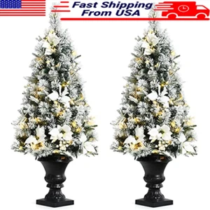 Pre-lit 4ft Snow Flocked Christmas Tree W/ LED Lights Flowers Urn Base New - Picture 1 of 8
