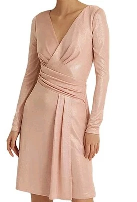 Ralph Lauren Size 12 Pink Long Sleeve V Neck Foil Jersey Cocktail Dress B43 - Image 1 of 4