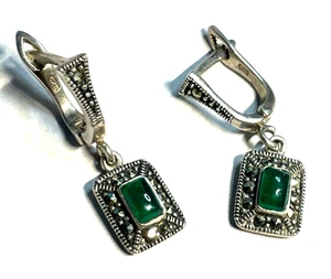 Solide 925 Silber Ohrringe Ohrhänger grüner Farbstein + Markasit im Antikstil - Bild 1 von 9