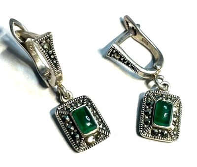 Solide 925 Silber Ohrringe Ohrhänger grüner Farbstein + Markasit im Antikstil - Bild 1 von 4
