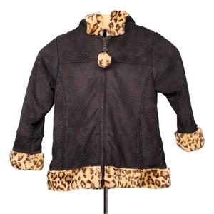 Big Chill Girls Black Winter Coat Leopard Trim Size 5/6 - Picture 1 of 10