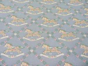 COTTON ROCKING HORSES BLUE MULTICOLOR FABRIC 1-2/3 YARDS CRAFTS QUILTING - Picture 1 of 2
