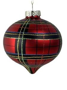 Glass Christmas Ornament Red Tartan Plaid Pattern Glitter Onion King Ranch 4” - Picture 1 of 9