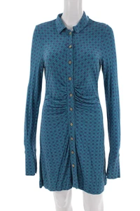 Free People Womens Printed Collar Ruched Buttoned Long Sleeve Dress Blue Size M - Picture 1 of 5