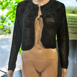 Vtg Y2K Crocheted Cardigan Knit Sweater By Croquet Club Crop Top Blouse Size M - Picture 1 of 10