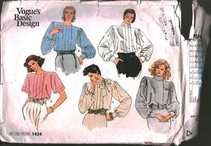 1424 Vintage Vogue Schnittmuster Misses 80er Jahre locker sitzende Bluse 10 Plissee - Bild 1 von 2