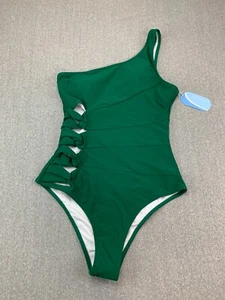 Hilinker One Shoulder Knotted Cut Out Swimsuit Womens size Medium Green High Cut - Picture 1 of 17
