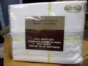 LUXURY LINENS 400 CT4 Piece 100% Cotton Sheet Sets FULL SIZE WHITE PIN STRIPE - Picture 1 of 4