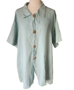 Blue Fish Vintage 90s Lagenlook Linen Bohemian Shirt Size 4X 1999 Light Blue - Picture 1 of 10
