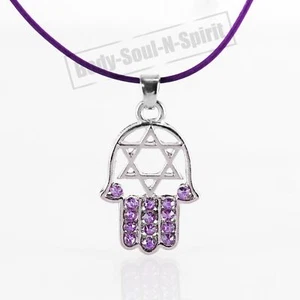 Collier VIOLET HAMSA AMULETTE ÉTOILE DE DAVID Bijoux Porte-Bonheur Kabbale - Imagen 1 de 1