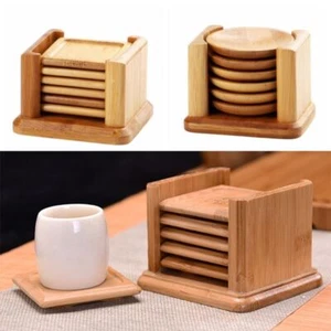 Mini Bamboo Coaster Round/Square Cup Holder Drink Coaster with Storage Holder - Picture 1 of 10