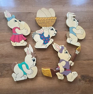 Vtg Wooden Easter Bunny Parade Wall Decoration Homemade 11-13" Tall - Lot of 5 - Picture 1 of 11