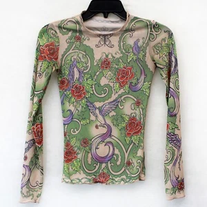Vintage Y2K tattoo goth bird chain links and roses mesh long sleeve blouse top S - Picture 1 of 7
