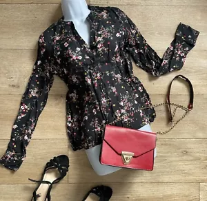 Camicia Boho Chic nera stampa floreale collo a V manica lunga vintage anni '90 taglia 8/10 C&A - Foto 1 di 5