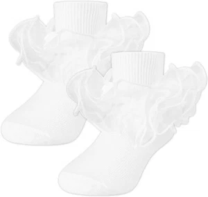 Toddler Girl Socks Big Ruffle Lace Frilly Turn Cuff Dress Socks White 2 Pack - Picture 1 of 6