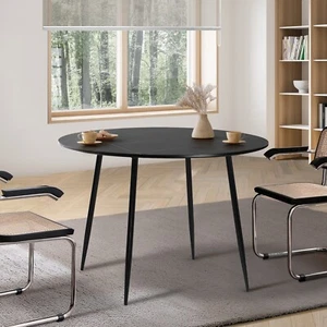 Oikiture 110cm Dining Table Round Wooden Table With Marble Effect Metal Legs BK - Picture 1 of 10